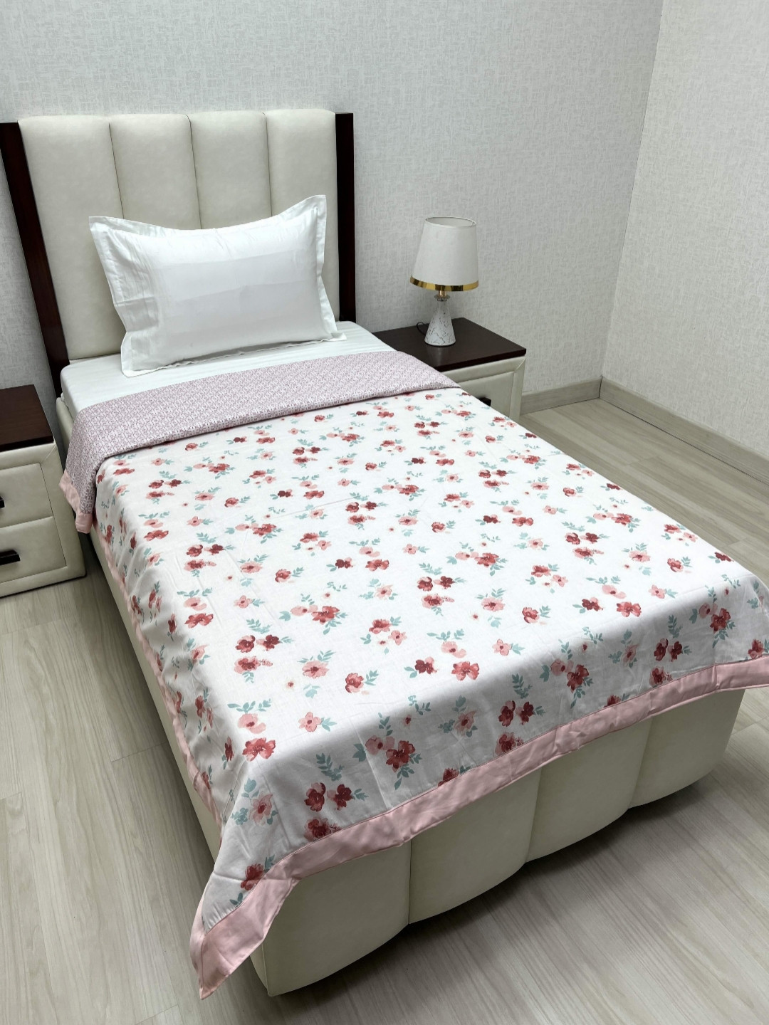 Pure Decor Sole Silken Pink & Blue Floral Printed AC Room Single Bed Dohar