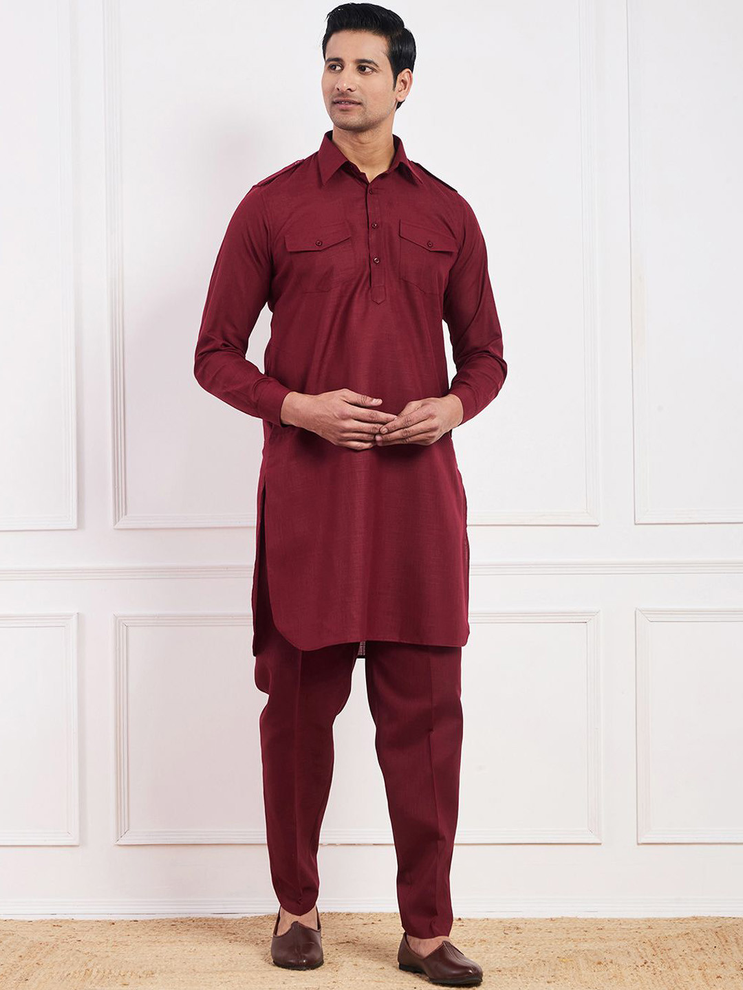 Satwaa Shirt Collar Double Pocket Pathani Kurta with Trousers