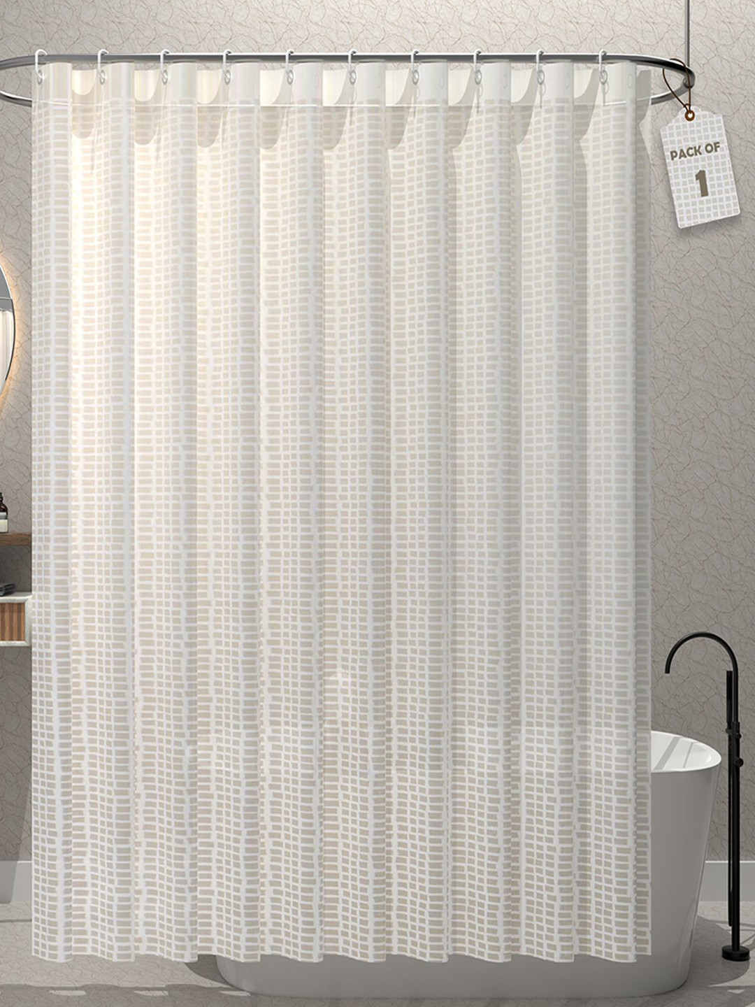 Aura Aura White & Beige Square Printed Waterproof Shower Curtain With 12 Rings