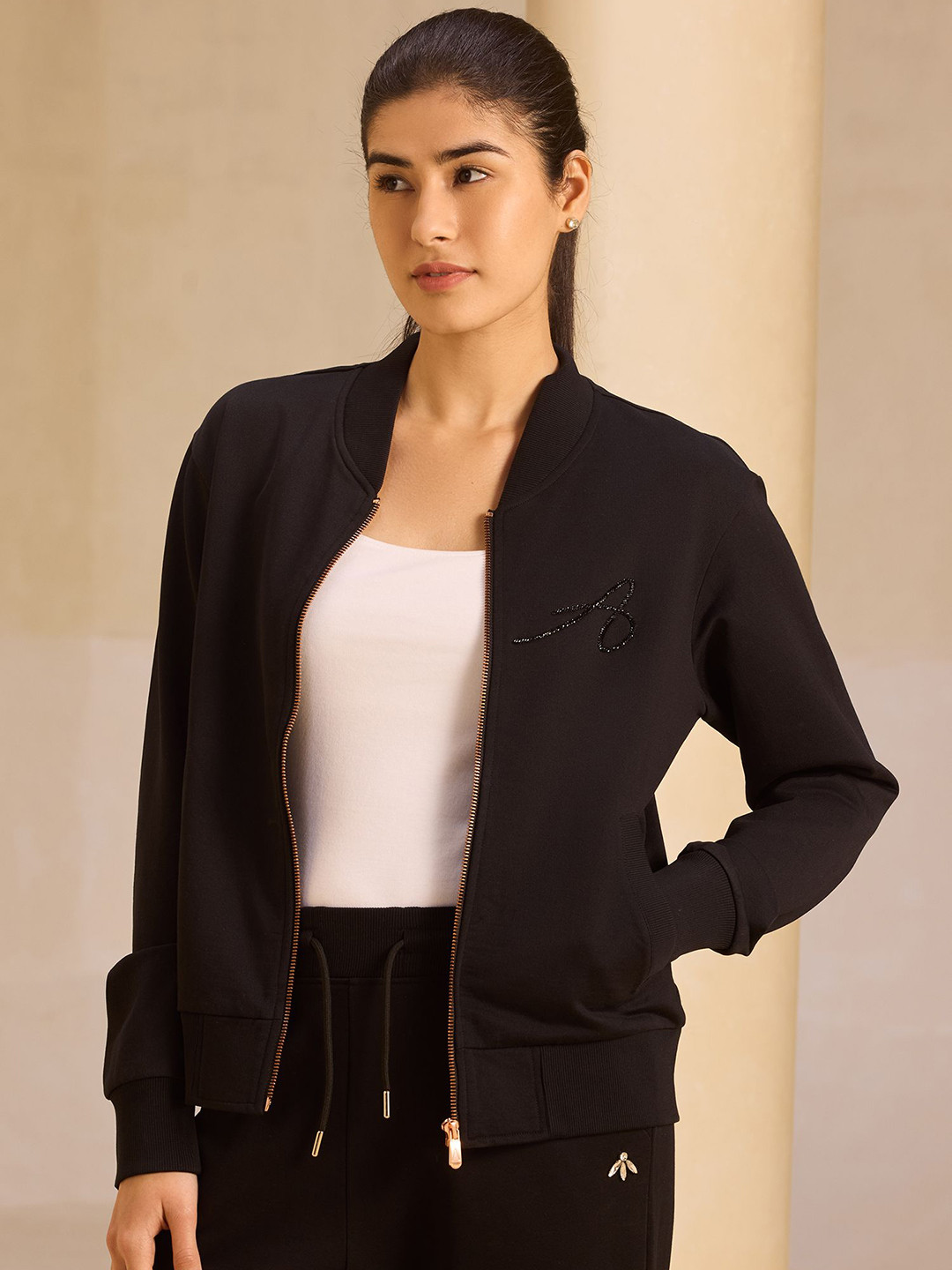 ALONGE Women Striped Cotton Longline Bomber Jacket