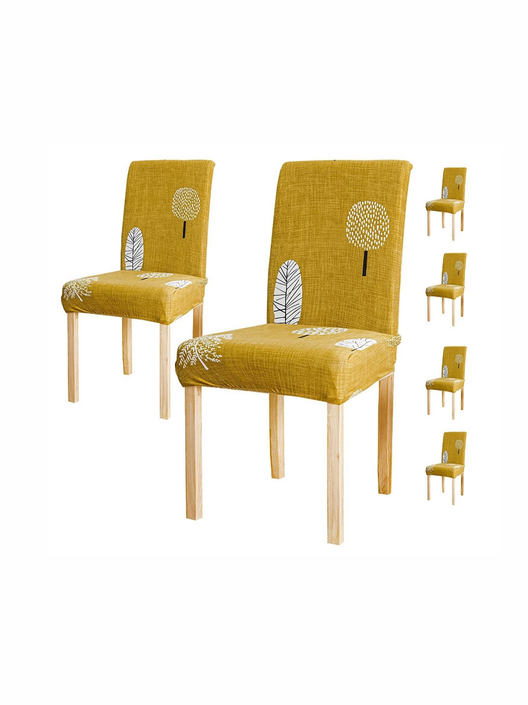FAVRIA Mustard & White 6 Pieces Floral Printed Stretchable Dining Chair Covers