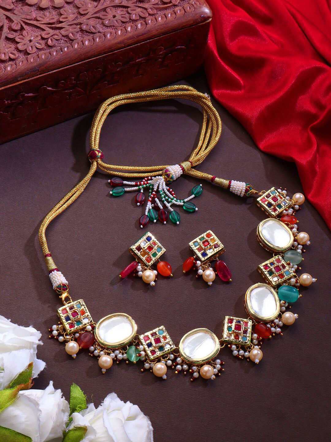 AARSEE OFFICIAL 22KT Gold-Plated Kundan-Studded Navrattan Jewellery Set