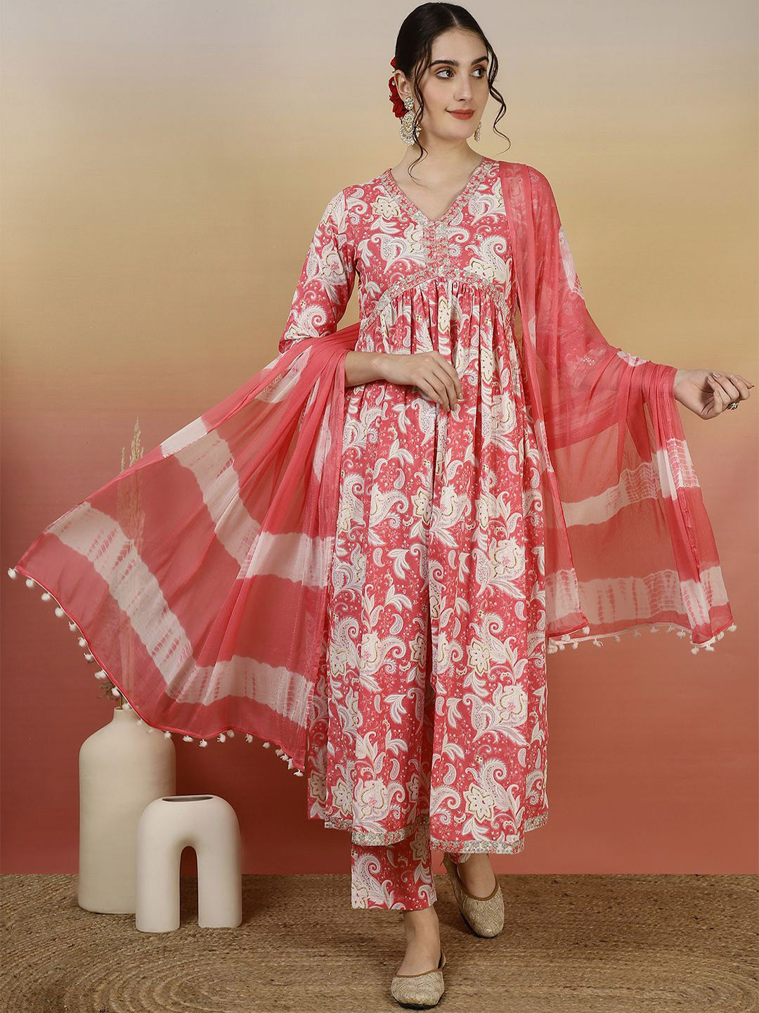 GLAM ROOTS Women Paisley Embroidered Empire Kurta with Palazzos & With Dupatta