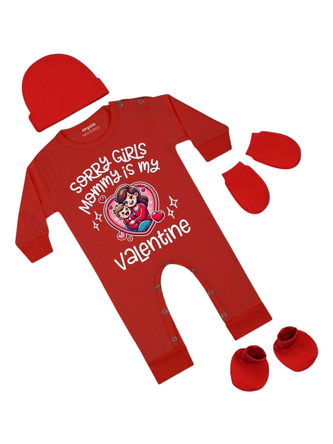 Arvesa Infants Sorry girls Mommy My Valentine Printed Bodysuit with Cap Booties Mitten
