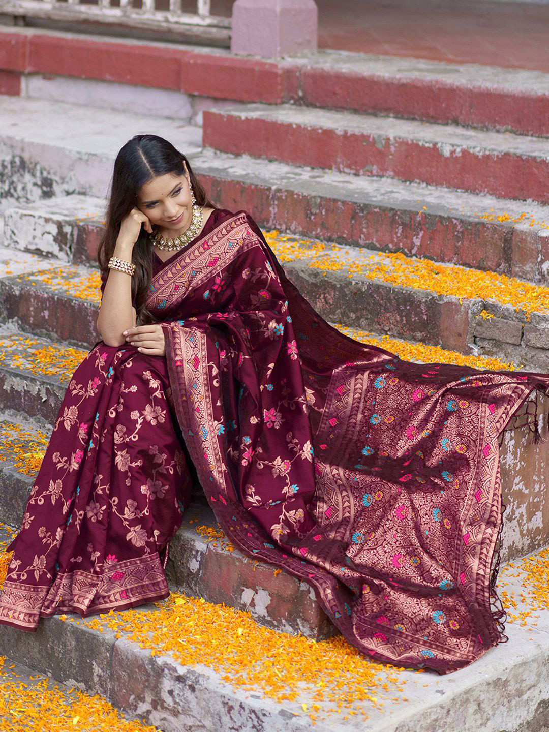 Janasya Women Wine Banarasi Silk Floral Saree With Unstitched Blouse Piece