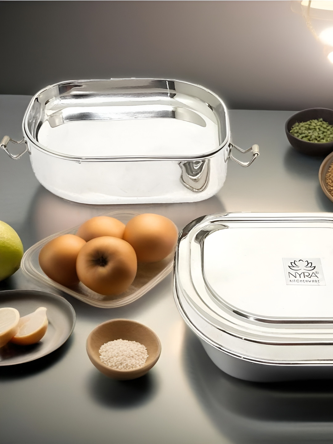 Nyra Kitchenware Double Decker Stainless Steel Dishwasher Safe Lunch Box With Spoon & Fork