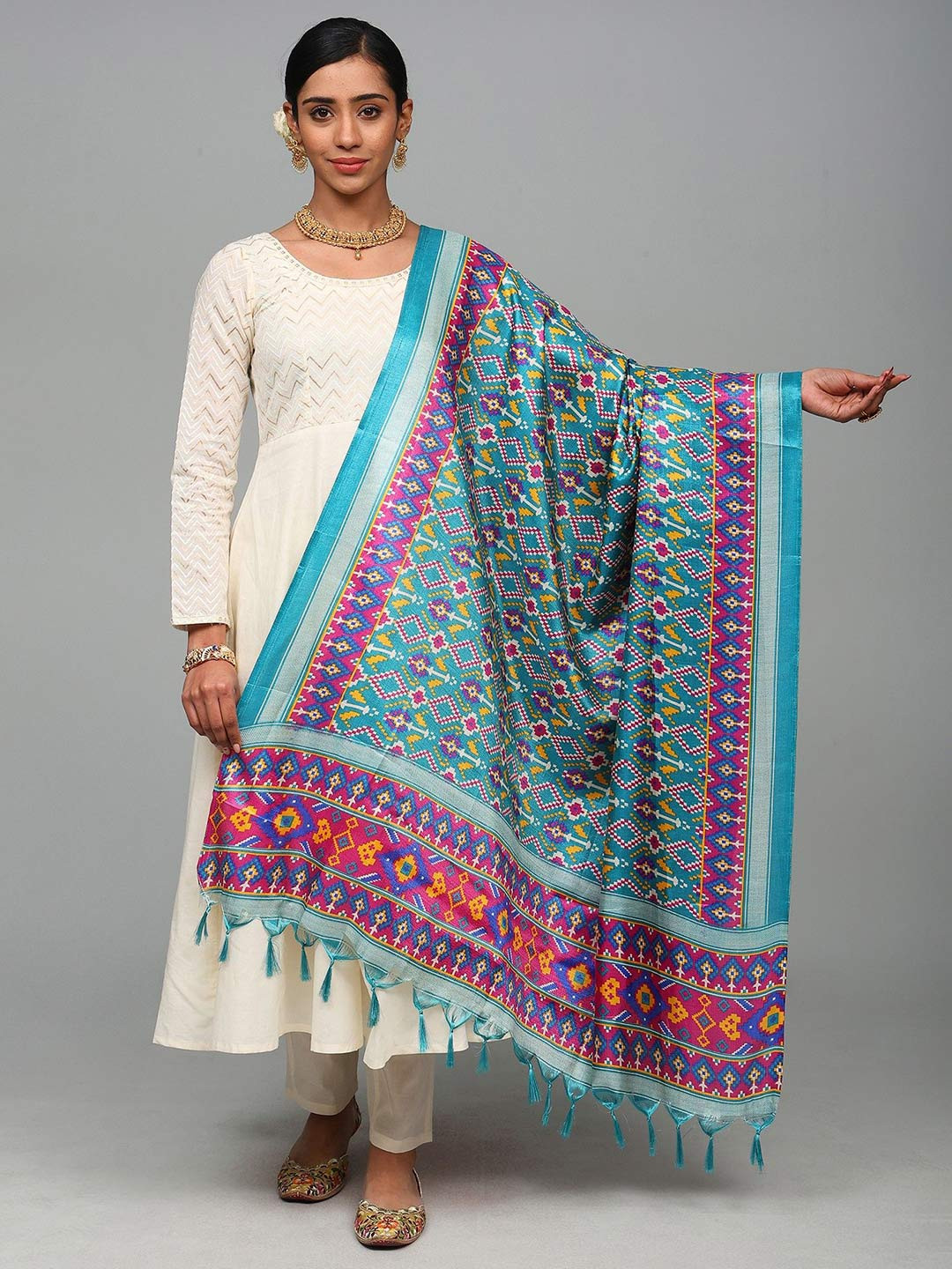 Exotic India Patola Printed Art Silk Dupatta with Fringes for Women