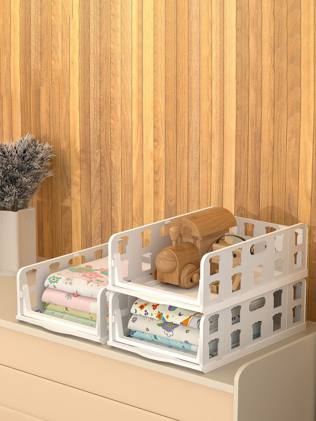 Aura White Set of 3 Foldable Kids Wardrobe Organizer for Clothes Storage Drawer Organiser