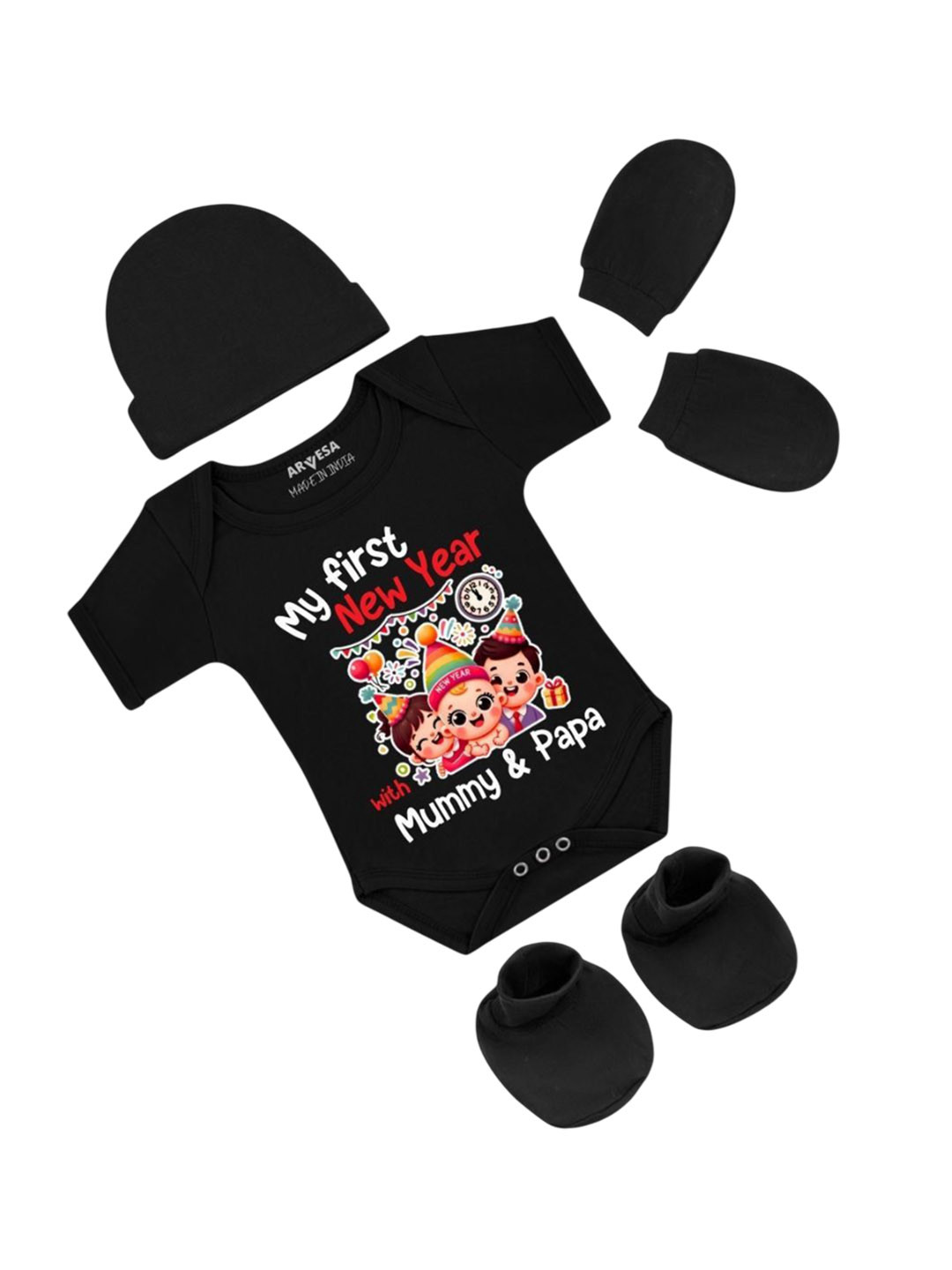Arvesa Infants My First New Year Printed Bodysuit with Cap Booties Mitten