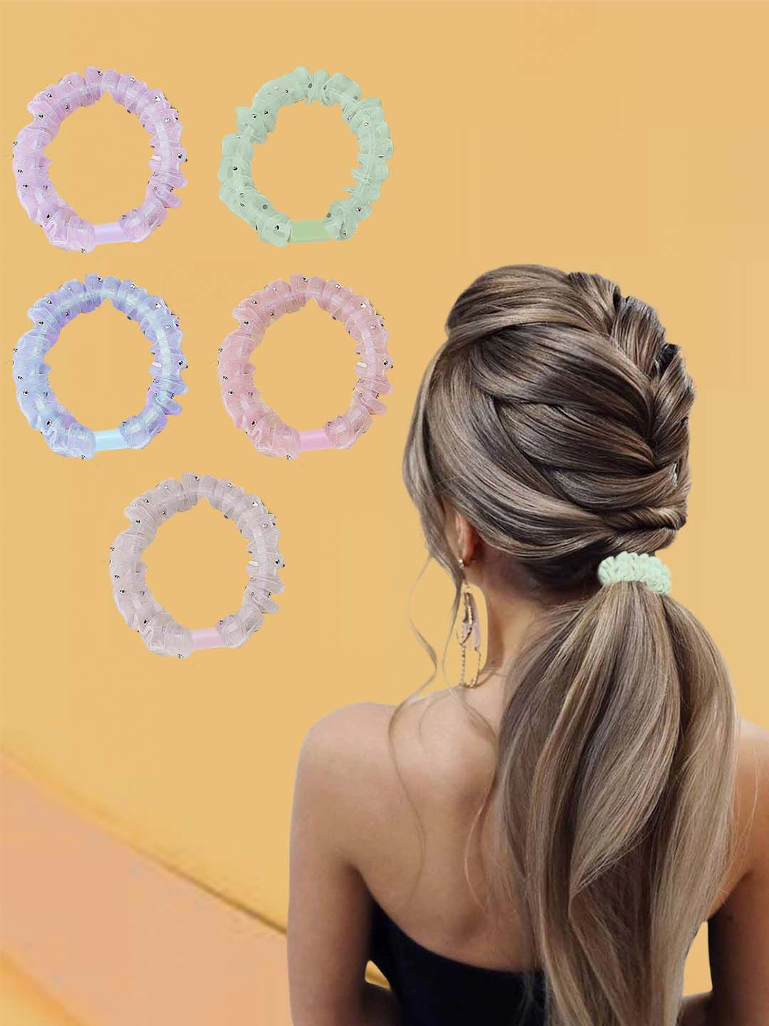 Majestique Set of 5  Multicolour Classic Organza Pearl Scrunchies Stretchy Rubber Band