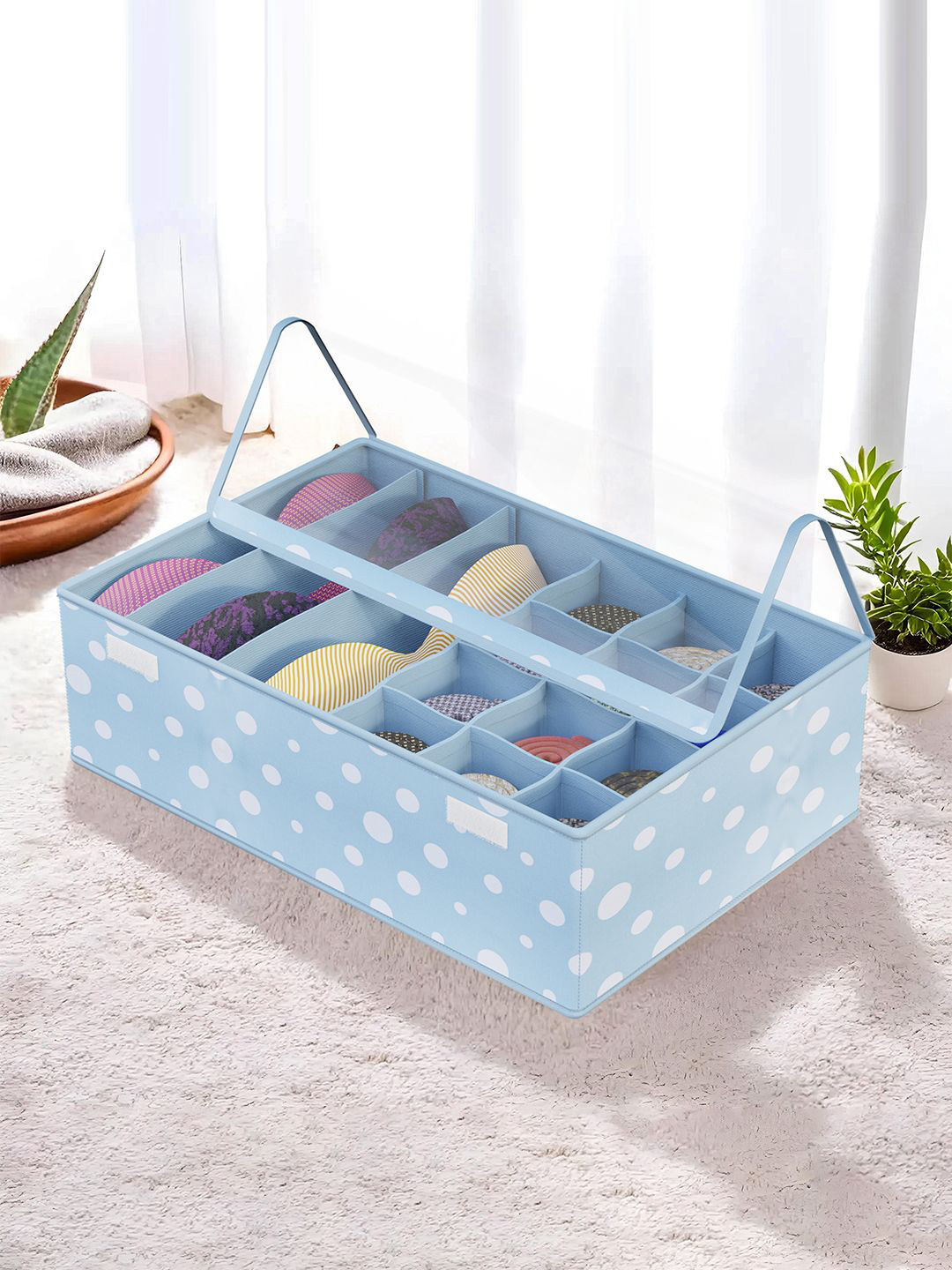 Aura Blue Foldable Multicompartment Socks Organisers for Wardrobe with Transparent Lid