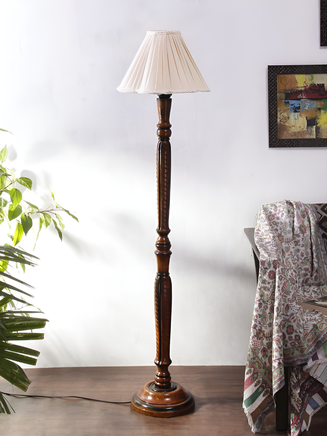 Devansh Off-White & Brown Vintage Cotton Wooden Floor Lamp With Shade