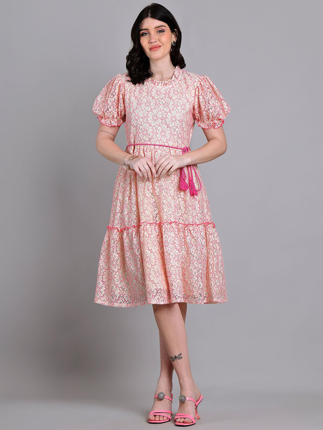 Tulsattva Floral Puff Sleeve Empire Midi Dress