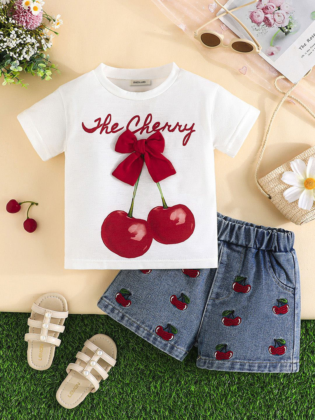 INCLUD Cherry Denim Printed T-Shirt with Shorts