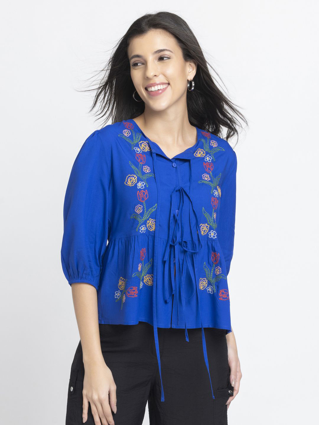 SHAYE Women Cobalt Blue Tie-Up Neck Embroidered Three-Quarter Sleeves Casual Peplum Top