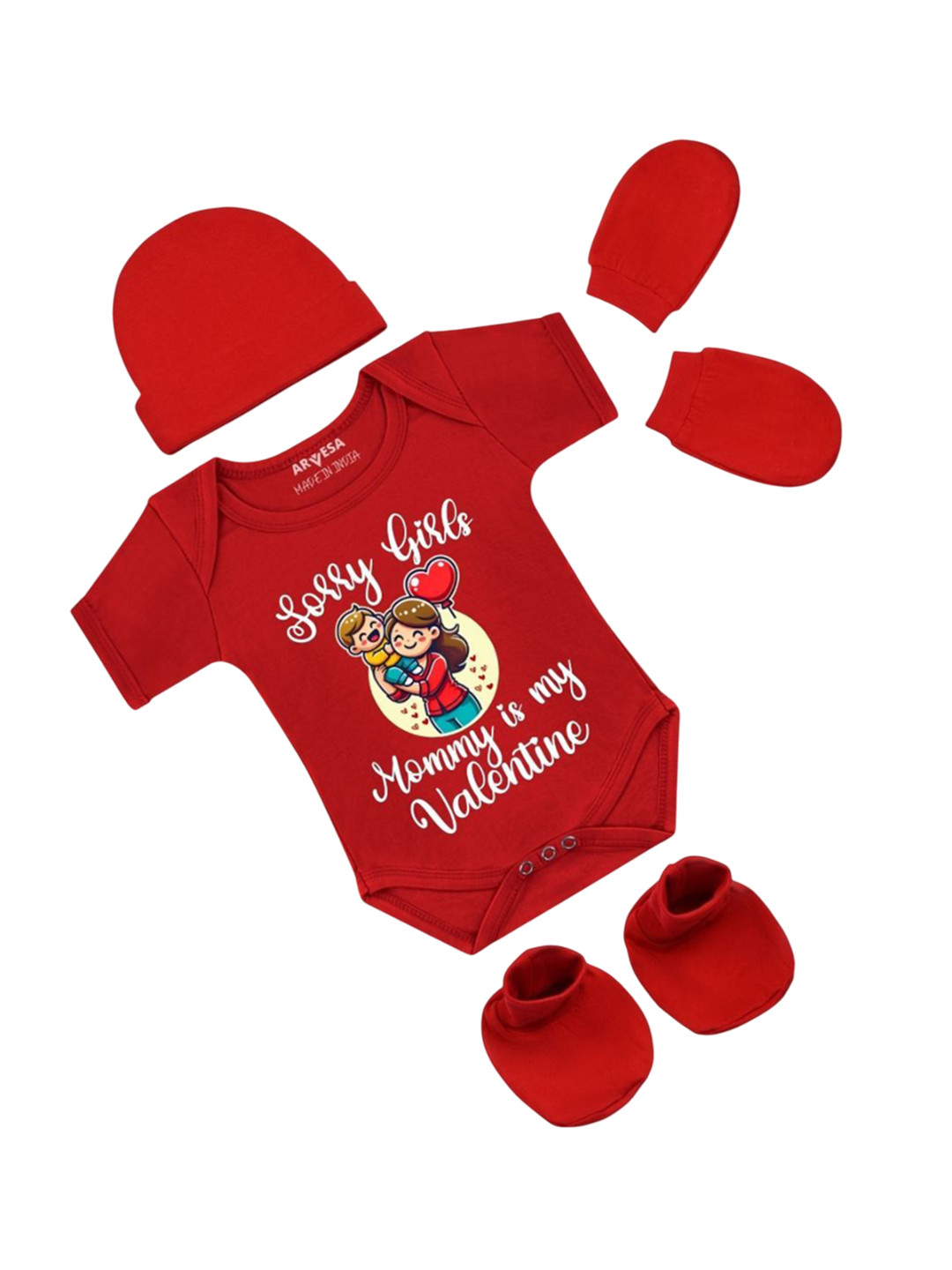 Arvesa Infants Sorry girls Mommy My Valentine Printed Bodysuit with Cap Booties Mitten
