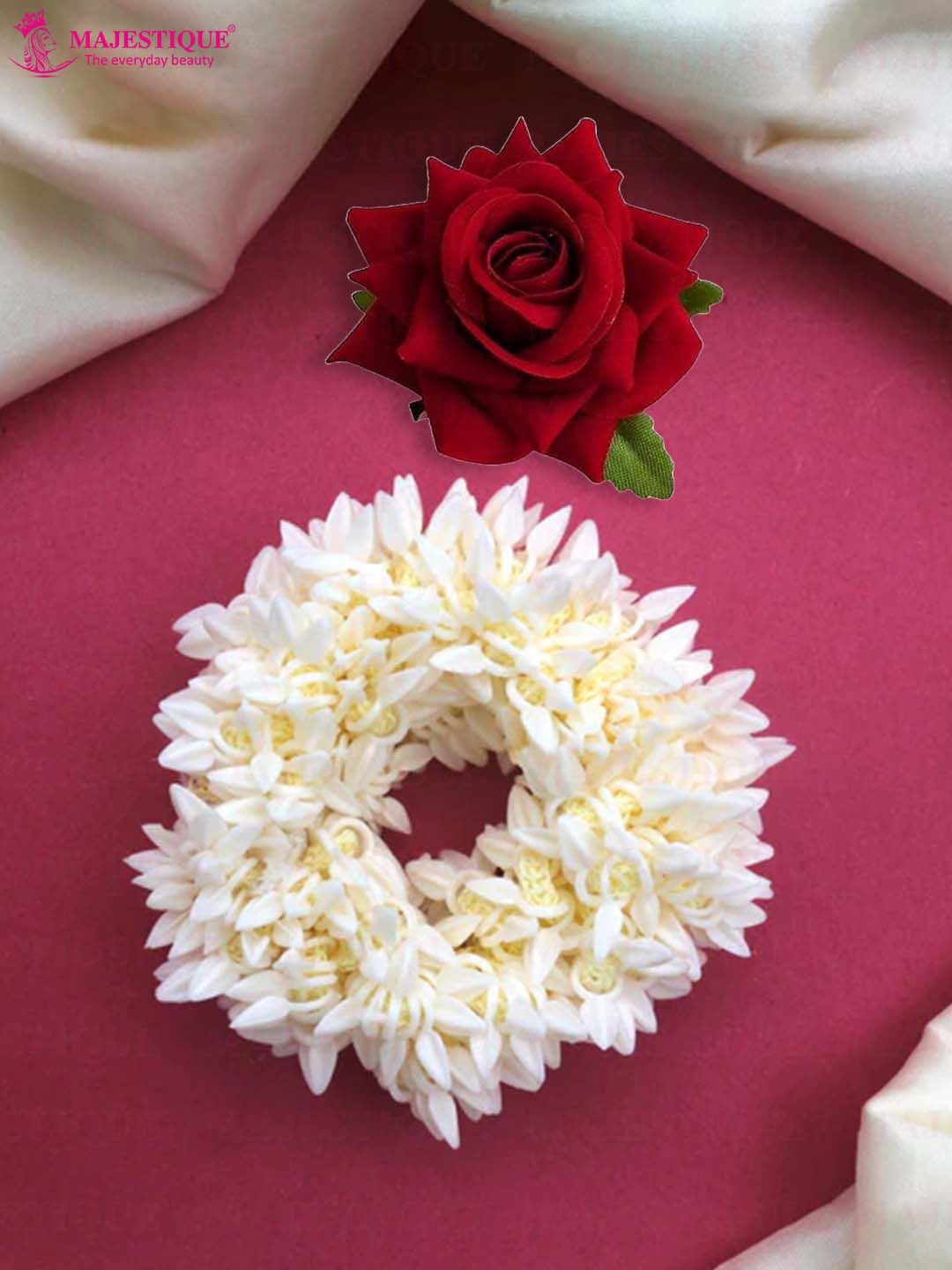 Majestique Set of 2 Red White Artificial White Mogra Scented Gajra & Rose Fake Flower Clip