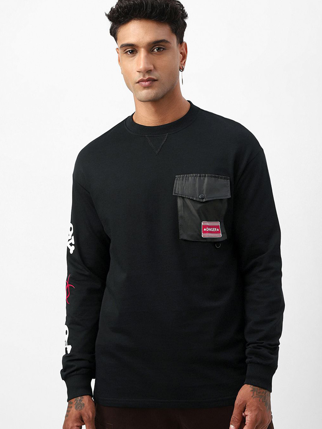 Bewakoof Men Black Caution Graphic Printed Oversized T-shirt