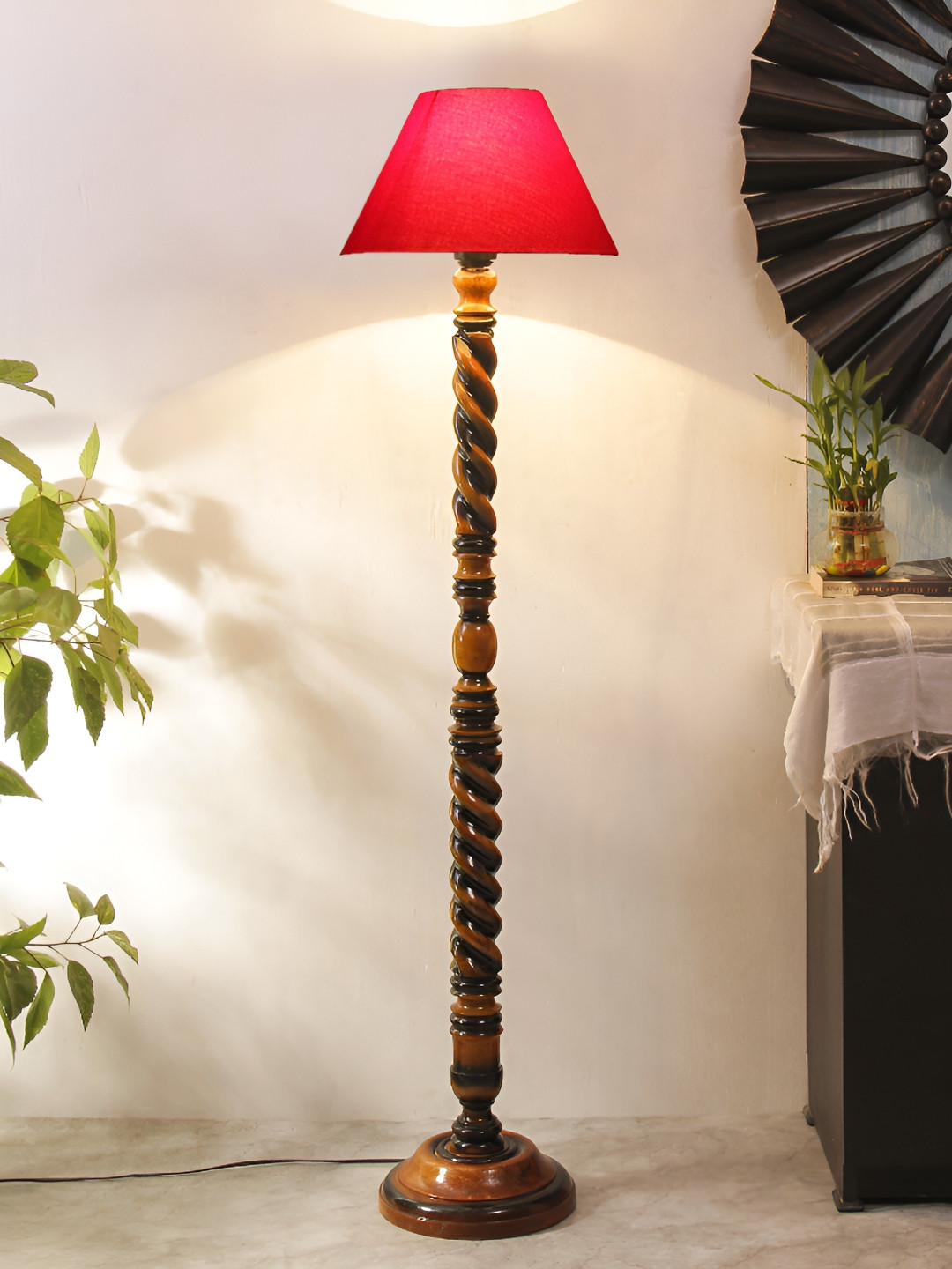 Devansh Red& Brown Conical Wooden Frustum Shaped Floor Lamp With Shade