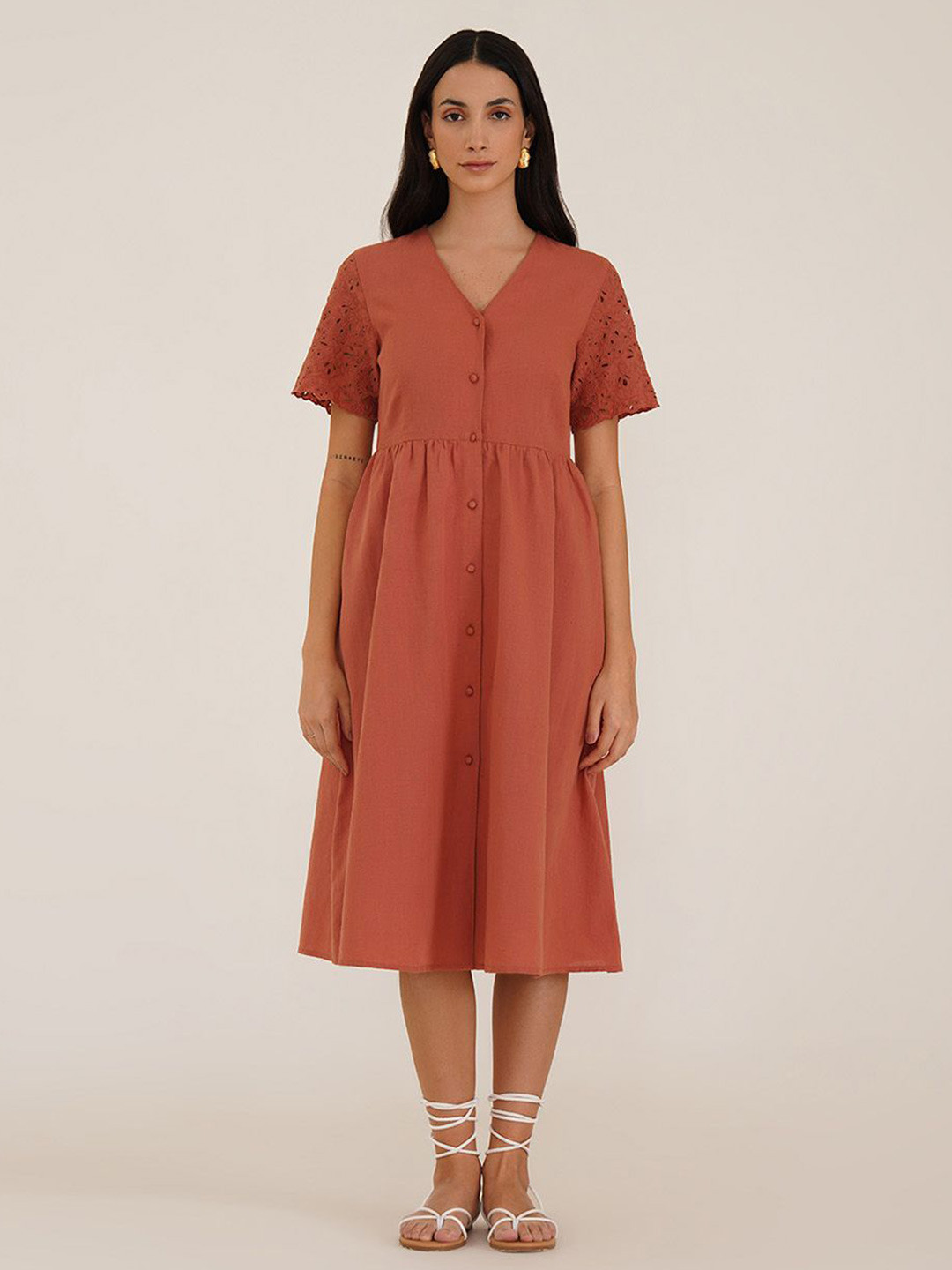 B77 Embroidered Linen A-Line Midi Dress