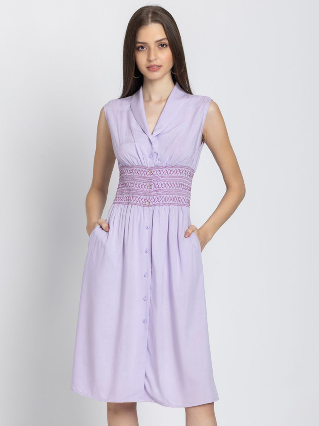 SHAYE Lavender Shawl Collar Solid Sleeveless Casual Dresses For Women