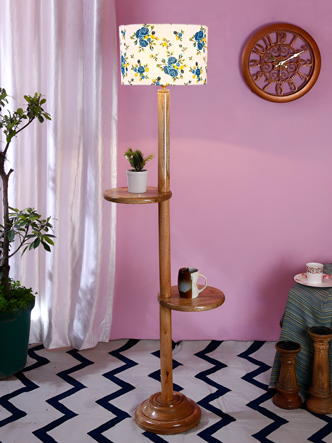 Devansh White & Blue Drum Cotton Wooden Shelf Floor Lamp