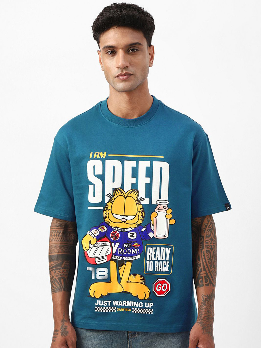 Bewakoof Heavy Duty Men Blue I am Speed Graphic Printed Oversized T-shirt