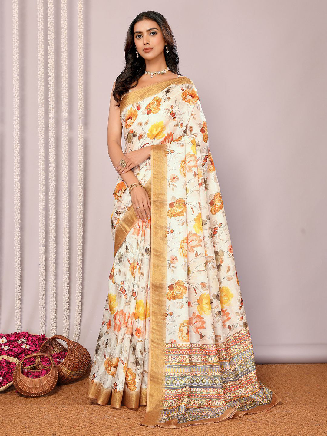 Janasya Women Cream Chanderi Silk Floral Printed Saree with Unstitched Blouse Piece
