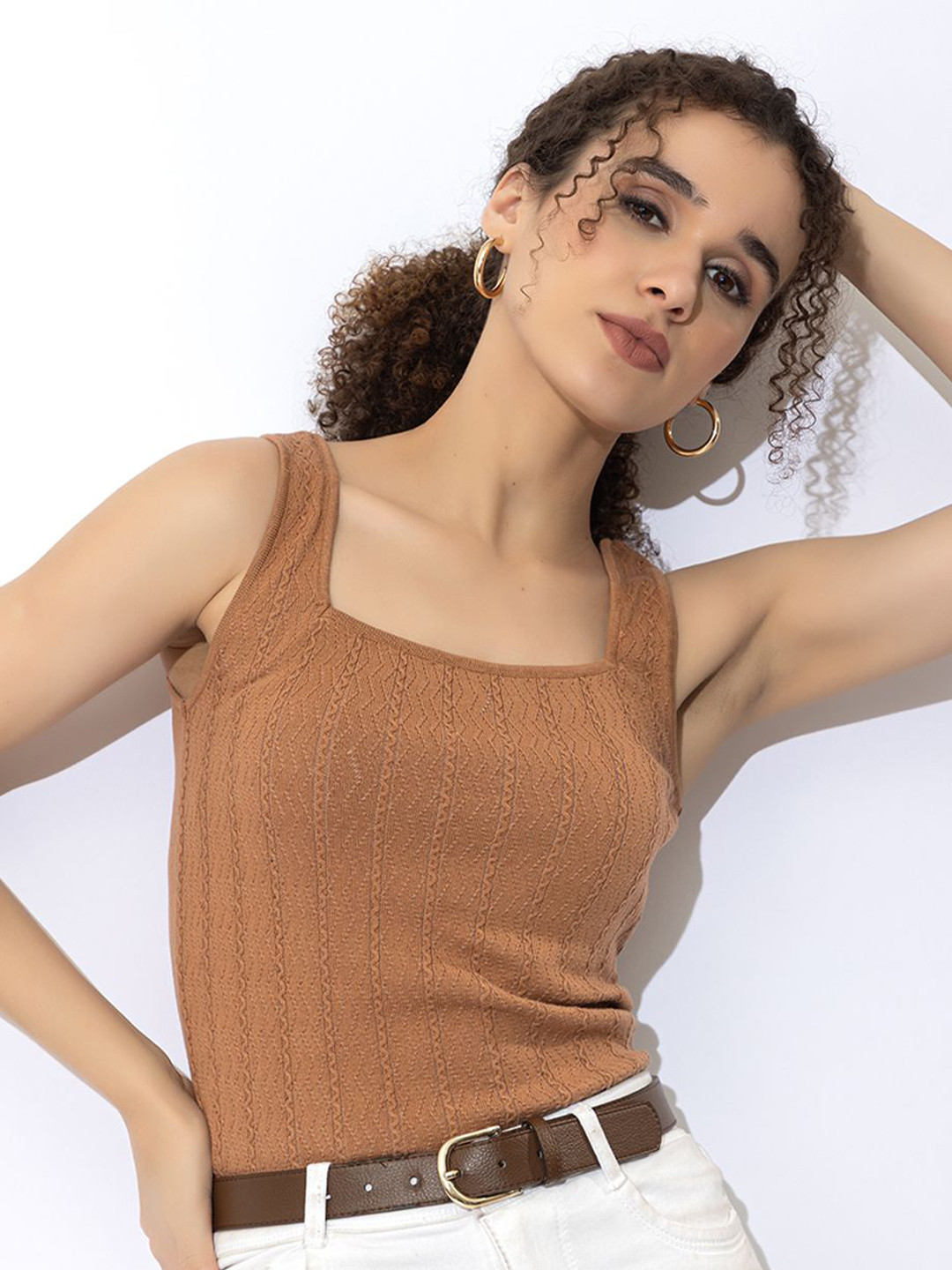 ARMISTO Pure Cotton Textured Knit Square Neck Top