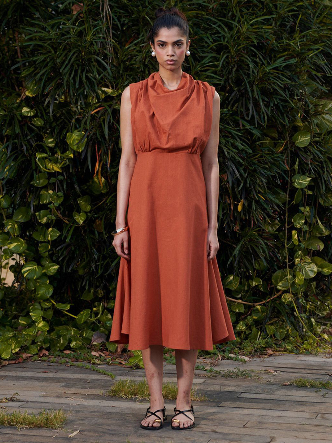 Saphed Women's Cowl Neck A-Line Midi Dress