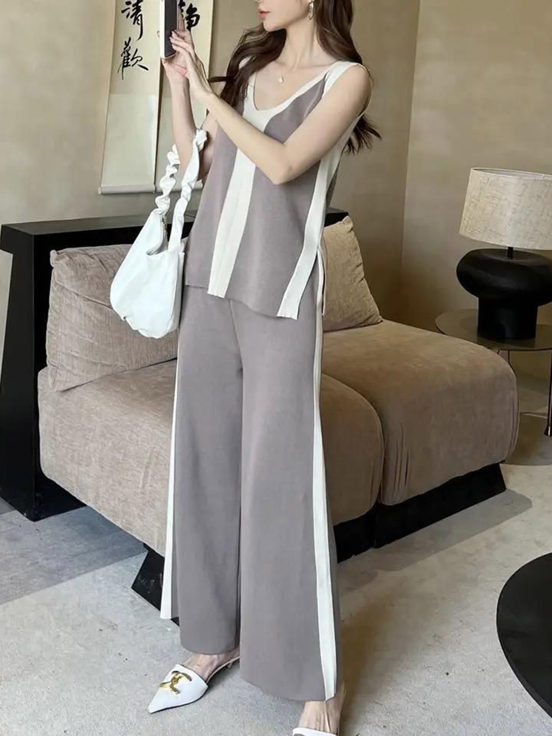 Miss Mosa By Akanksha  Grey Orion Ribbed Summer Top With Trouser Co-ord Set