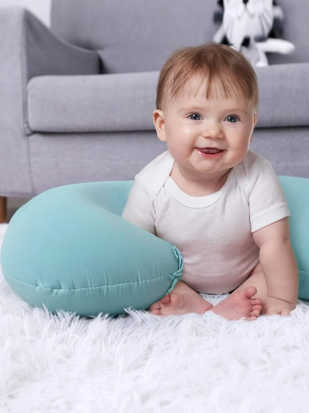 Pum Pum Hollow Fiber Turquoise Blue Solid Faux Velvet Ultra Soft Fibre Baby Pillow-46 x 15 x 56 cm