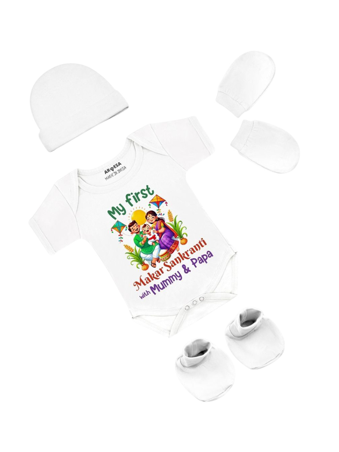 Arvesa Infants My First Makar sankranti Printed Bodysuit with Cap Booties Mitten