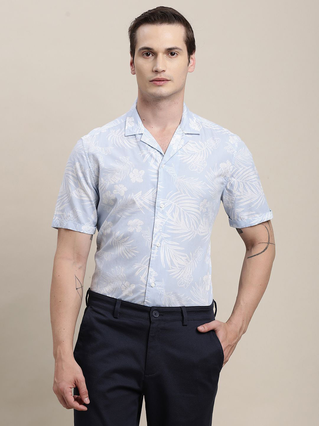 Turtle Men Relaxed Fit Cuban Collar Floral Printed Cotton Formal Shirt
