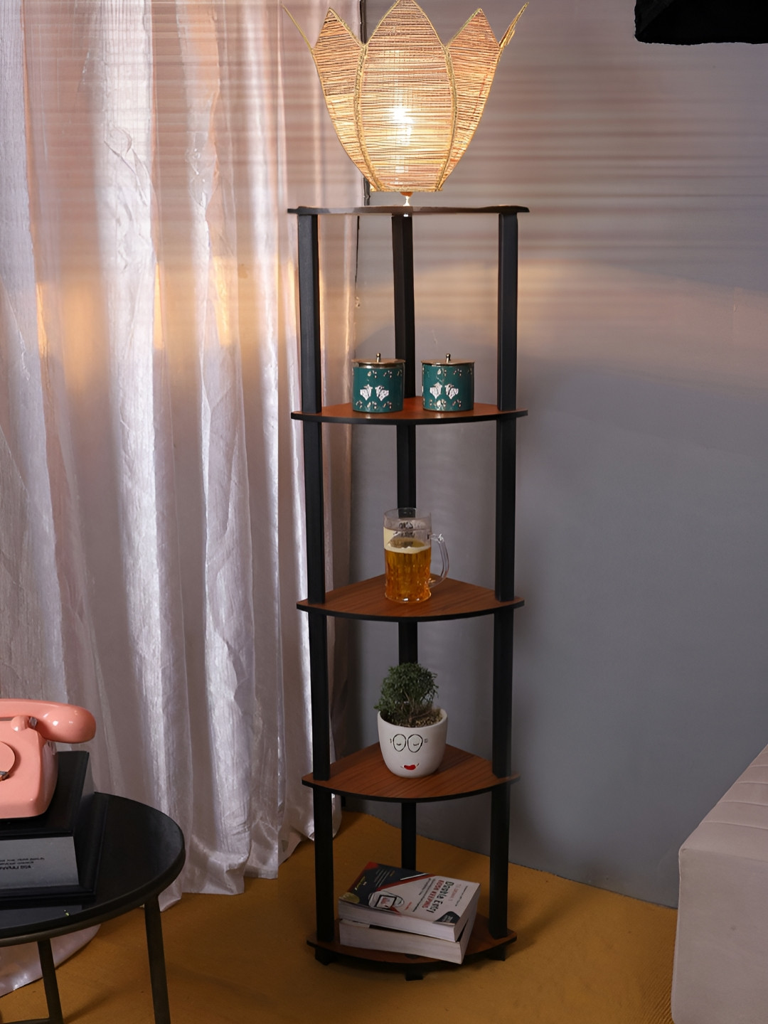 Devansh Beige Bamboo Rose Wooden Floor Lamp With Shelves