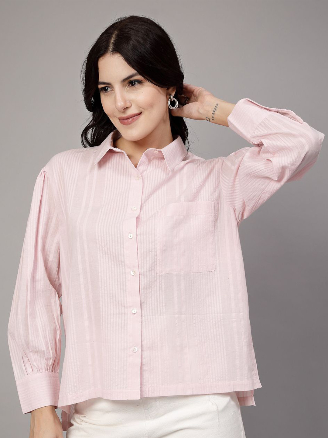 JEFF COOPER Women Straight Fit Spread Collar Textured Cotton Casual Shirt