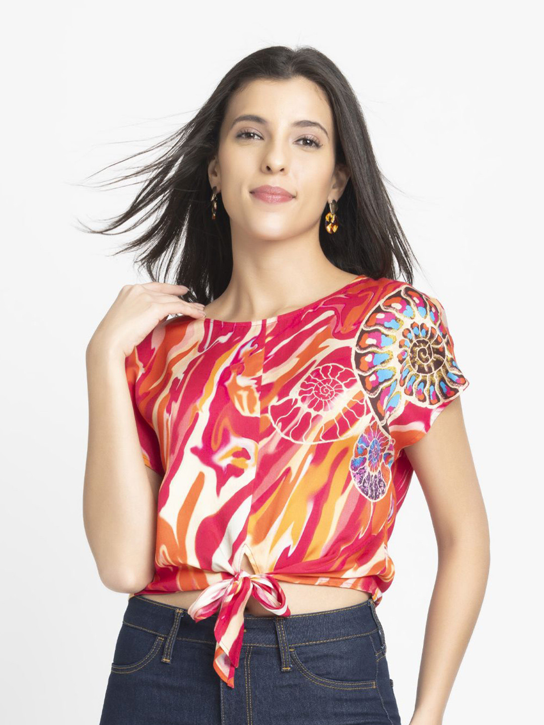 SHAYE Women Boat Neck Printed Short Sleeves Casual Top