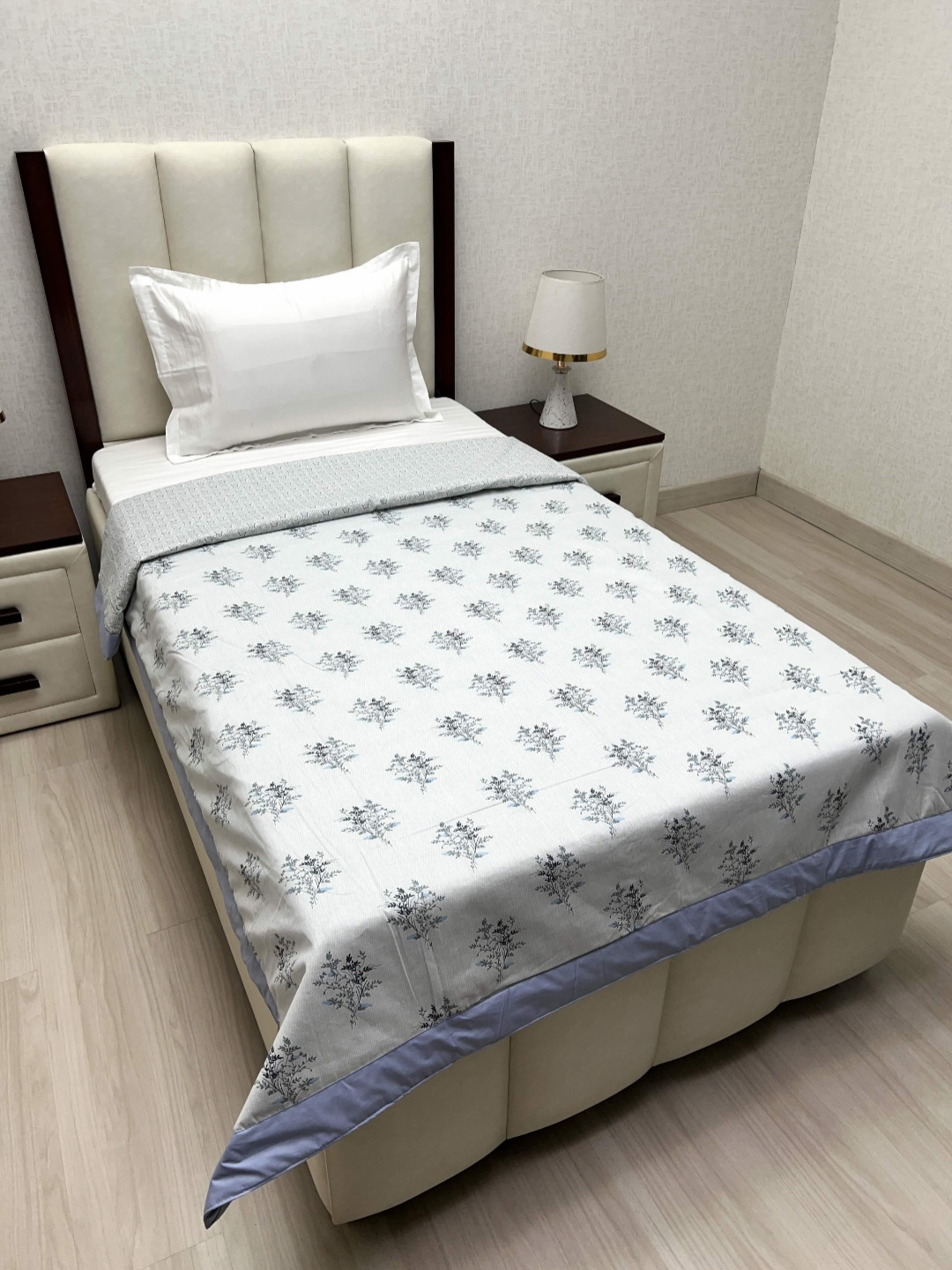 Pure Decor Sole Silken White & Grey Floral Printed AC Room Single Bed Dohar