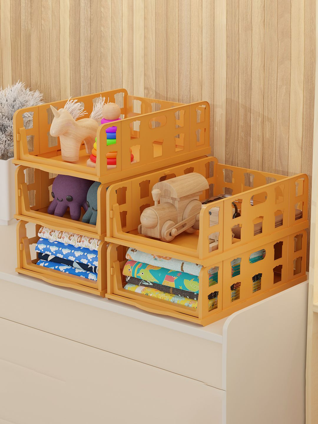 Aura Brown Set of 5 Foldable Kids Wardrobe Organizer for Clothes Storage Drawer Organiser