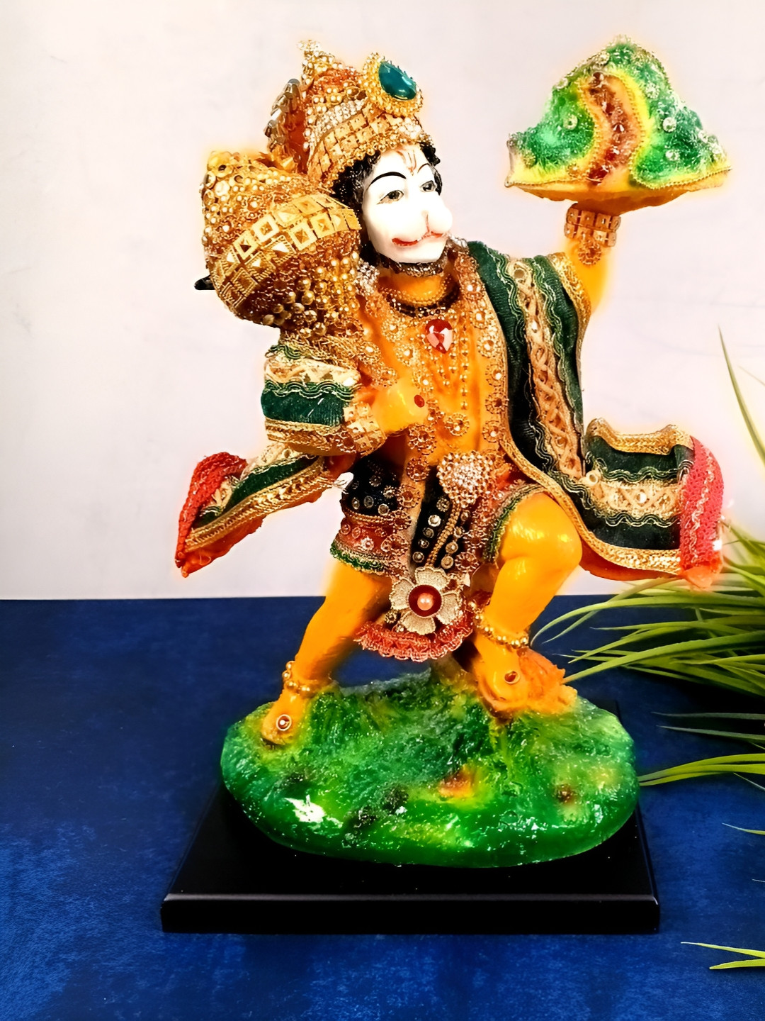 apka mart Hanuman Carrying Sanjivani Parvat Yellow Polyresin Matte Prayer Room Medium Showpiece - 12.6 Inches