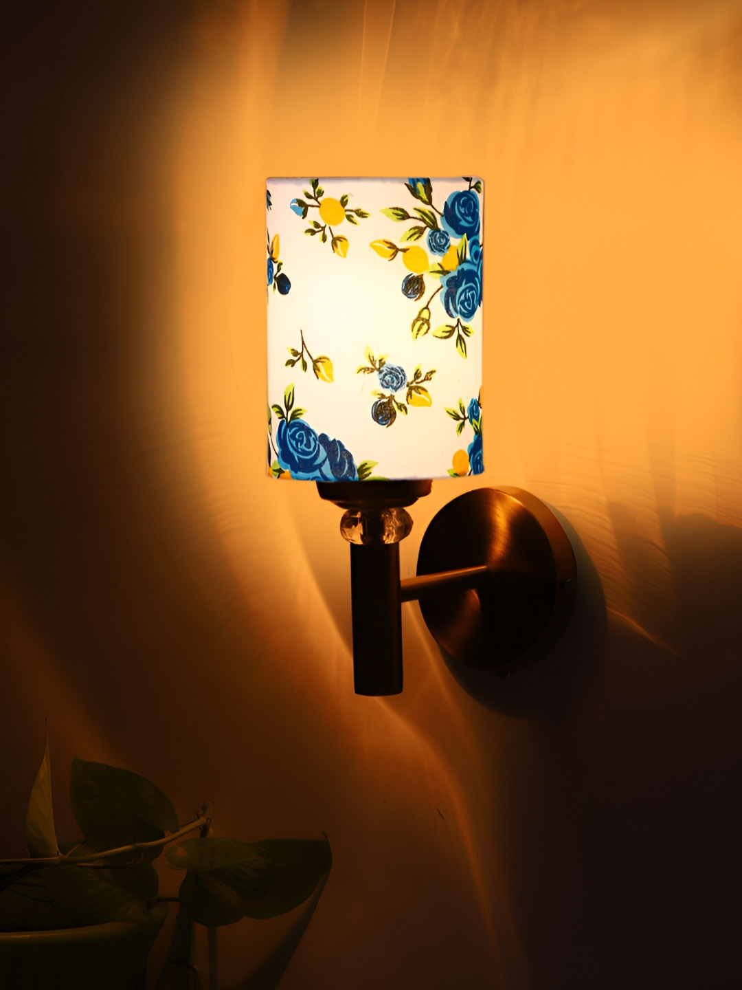 Devansh White & Blue Floral Printed Antique Gold Wall Lamp With Shade