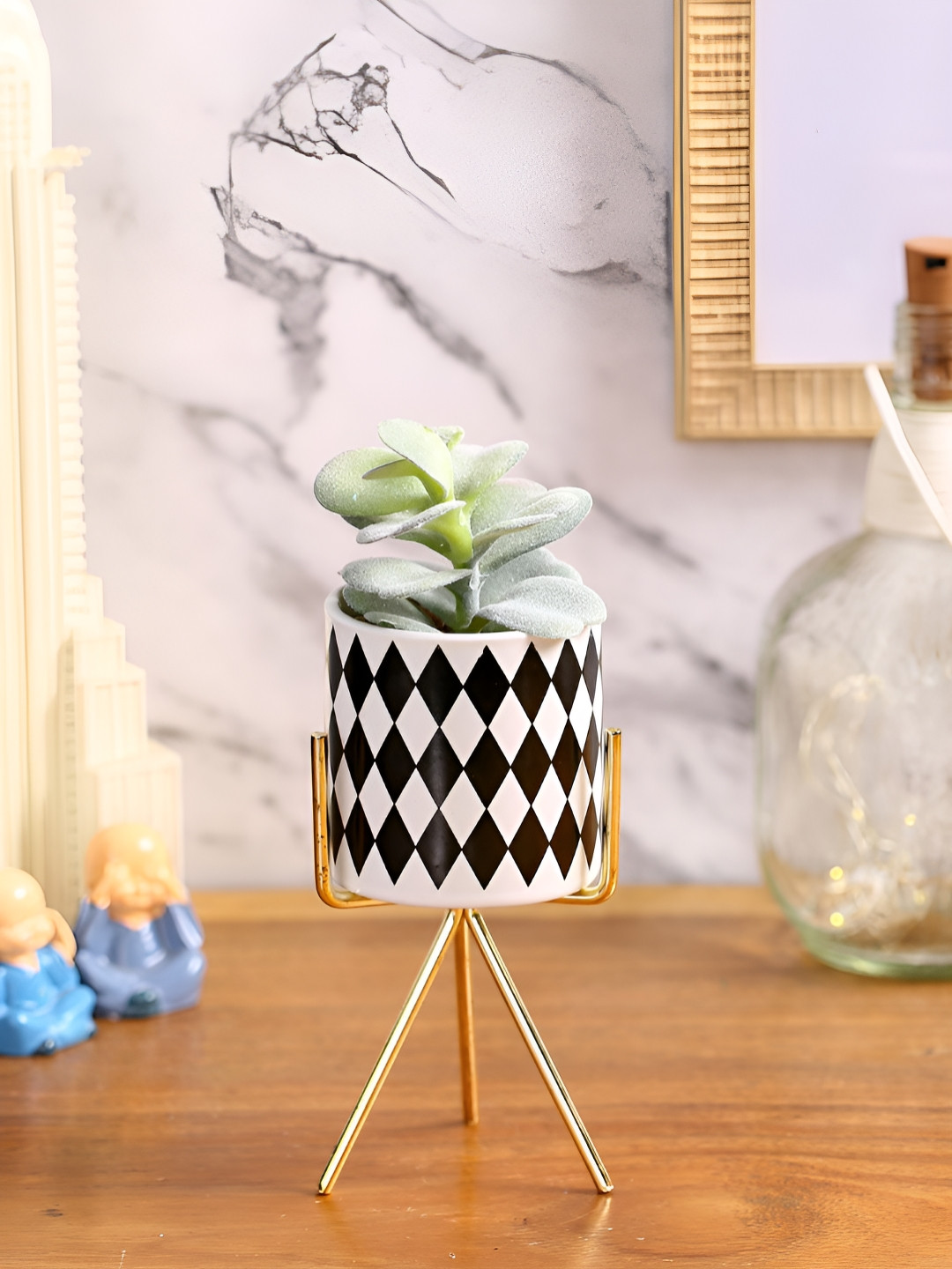 EarthCraft Green & White Succulent Artificial Plant With Pot Inclusion