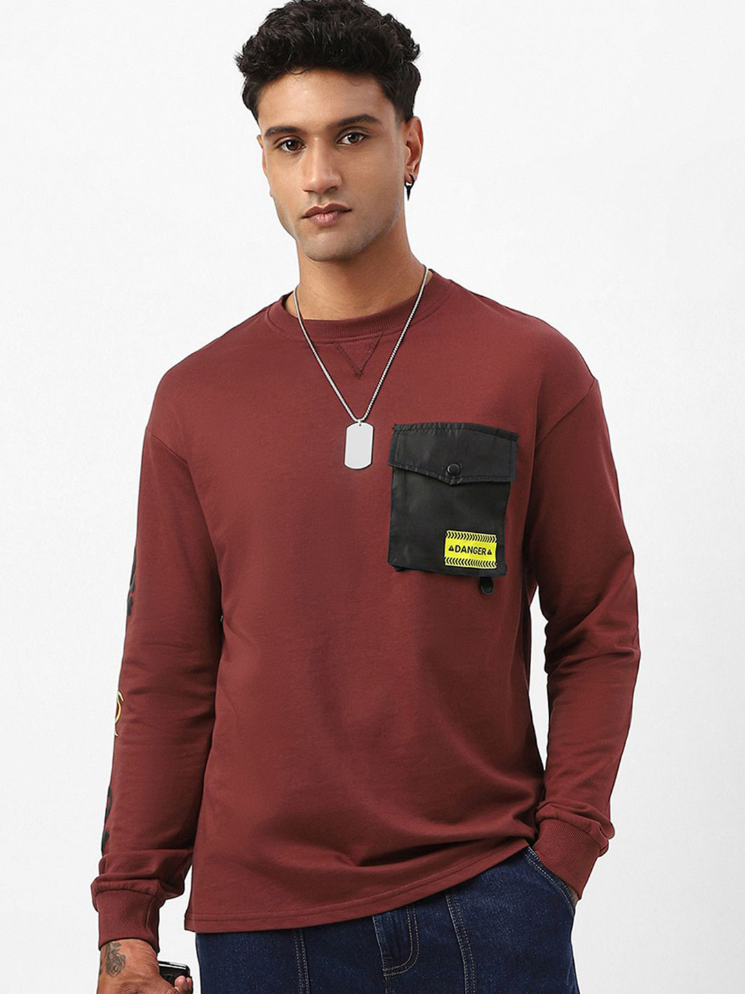 Bewakoof Men Brick Red Caution Graphic Printed Oversized T-shirt