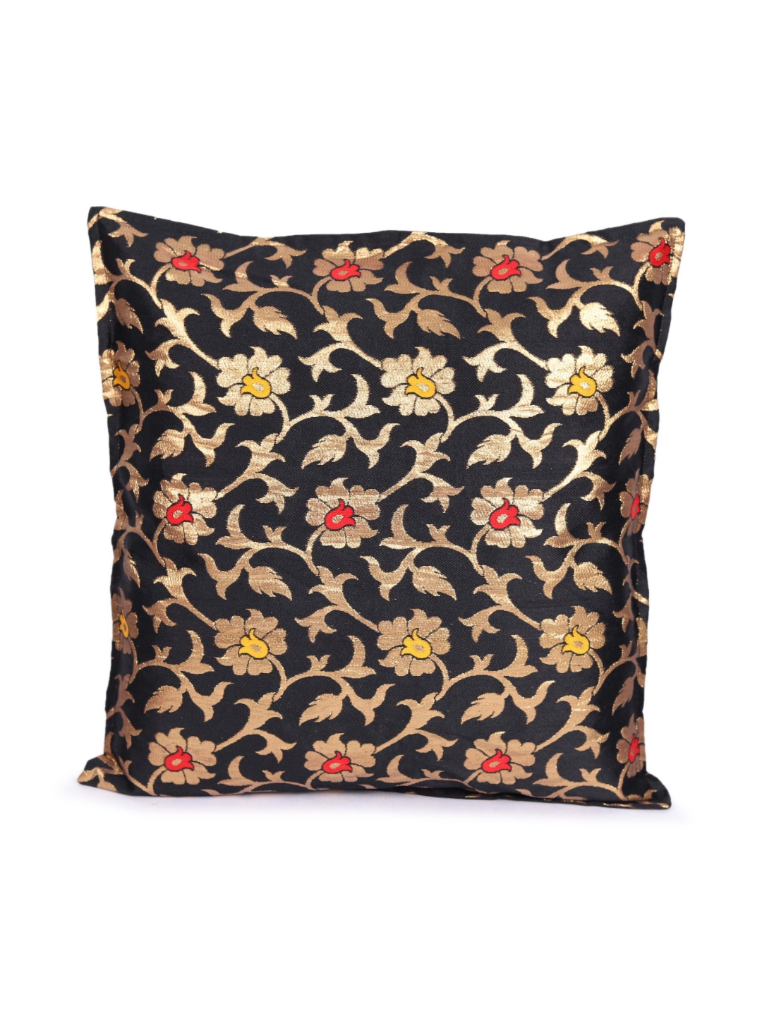 REZZY Black Floral Cotton Washable Square Cushion Cover -16x16In