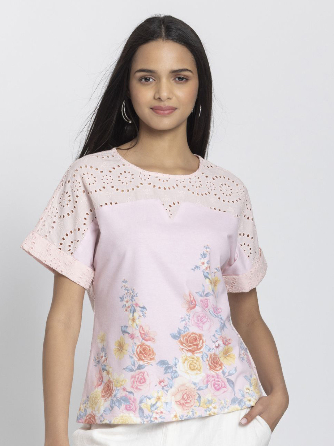 SHAYE Light Pink Round Neck Floral Print Short Sleeves Casual Tops For Women