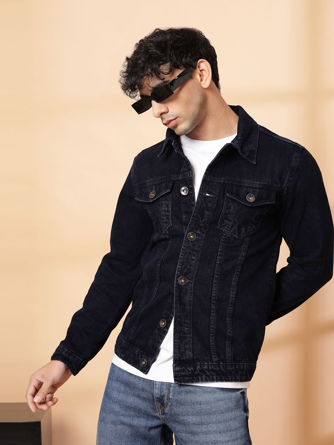 Rigo Men Spread Collar Solid Casual Denim Jacket