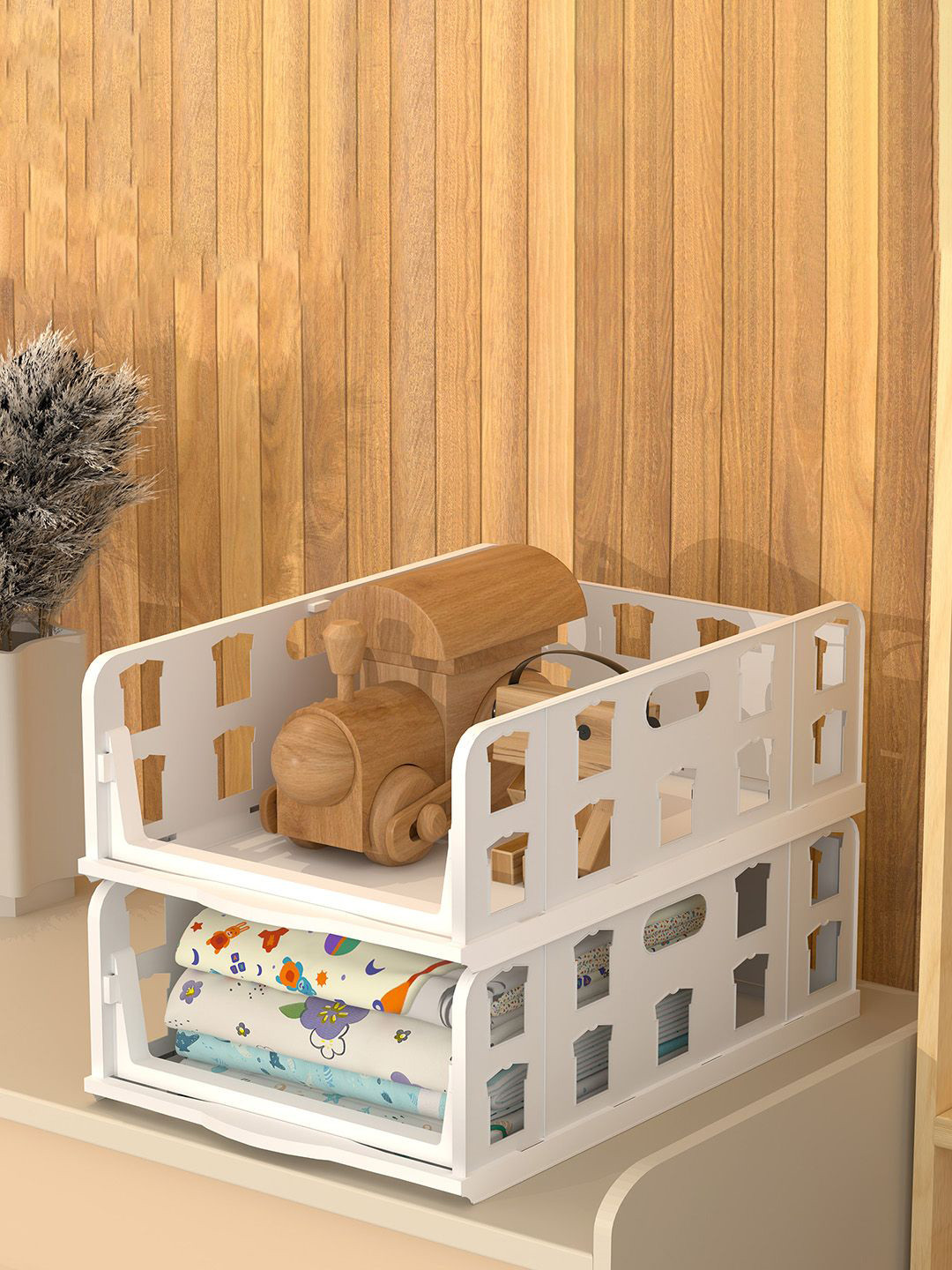 Aura White 2 Pcs Foldable Kids Wardrobe Organizer for Clothes Storage Drawer Organiser