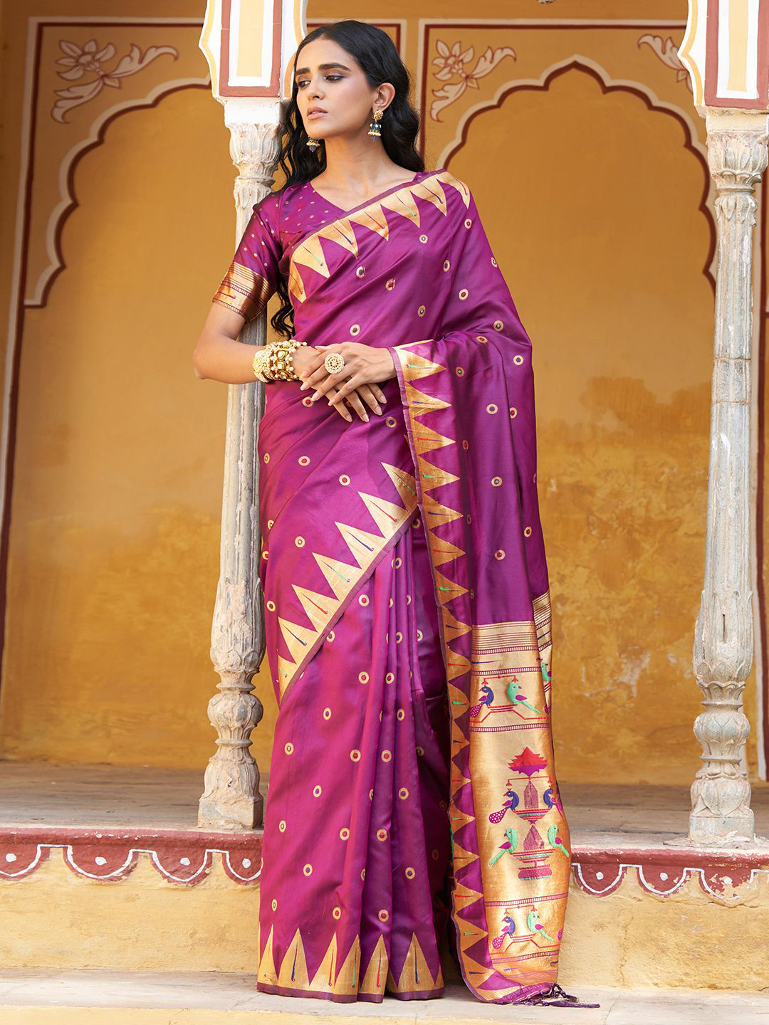 Janasya Women Wine Paithani Silk Ethnic Motifs Saree with Unstitched Blouse Piece