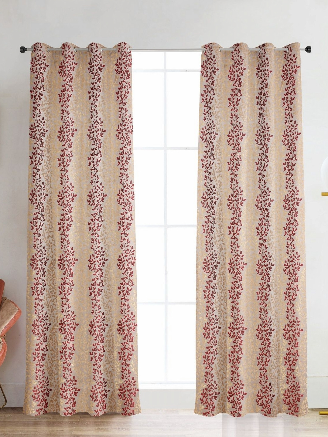 Galaxy Home Decor Maroon 2Pcs Floral Printed Room Darkening Long Door Curtain