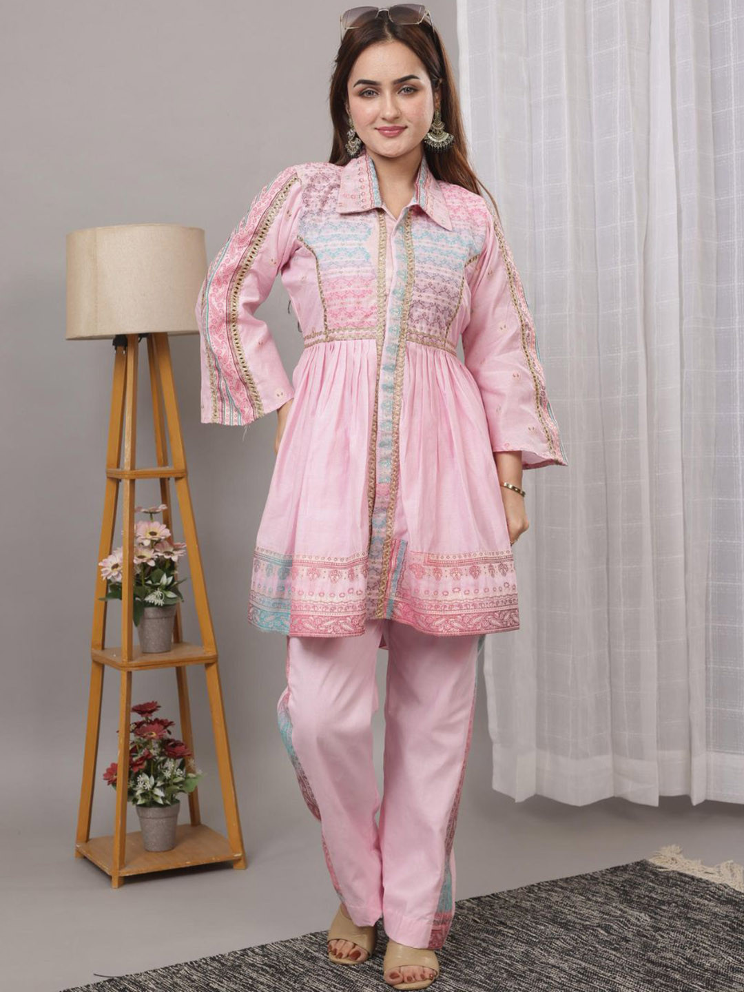 KIDAR Ethnic Cords Set Printed Shirt Collar Neck Tunic With Trouser